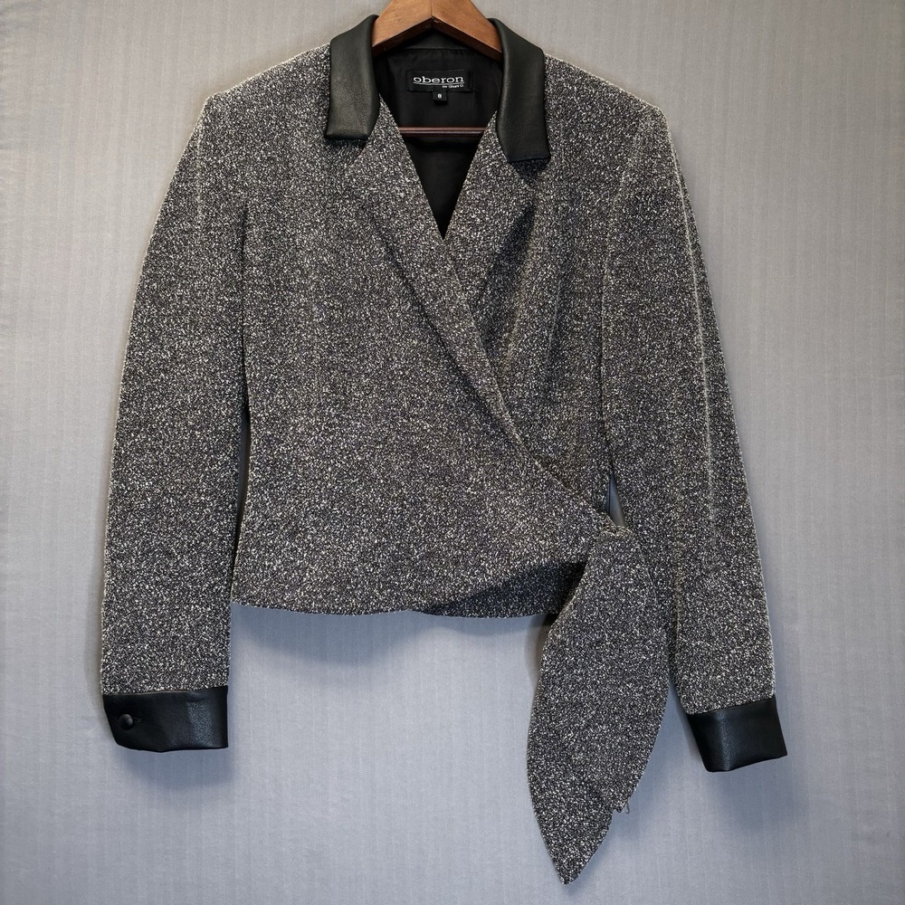 Vtg 90s Oberon Shani G Cream Black Boucle Wrap Jacket Leather Trim Size 8